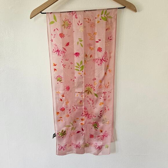 Vintage Y2K Echo Silk Scarf Pink Butterfly‎ Floral Print Hair Wrap Purse Accent - Picture 4 of 11
